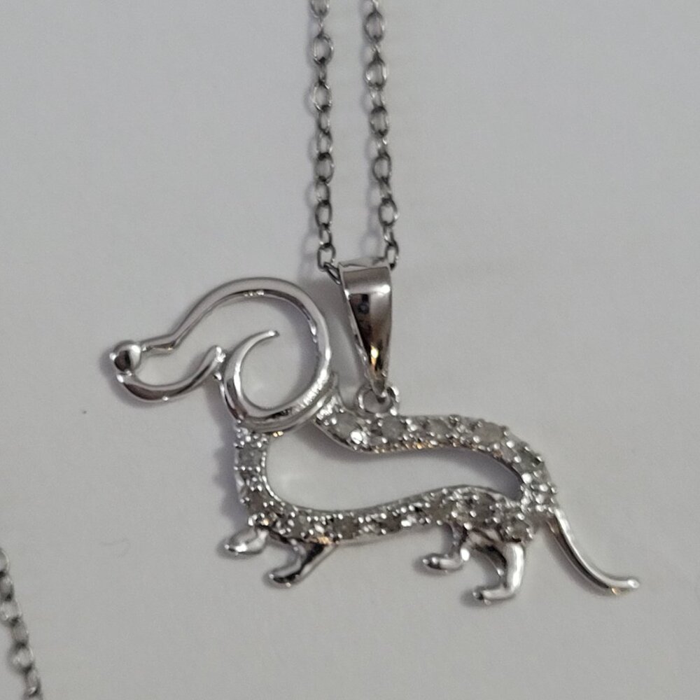 Dog Diamond Sterling Pendant Necklace Dachshund Weenie Doxie Dog Lover - Picture 2 of 16